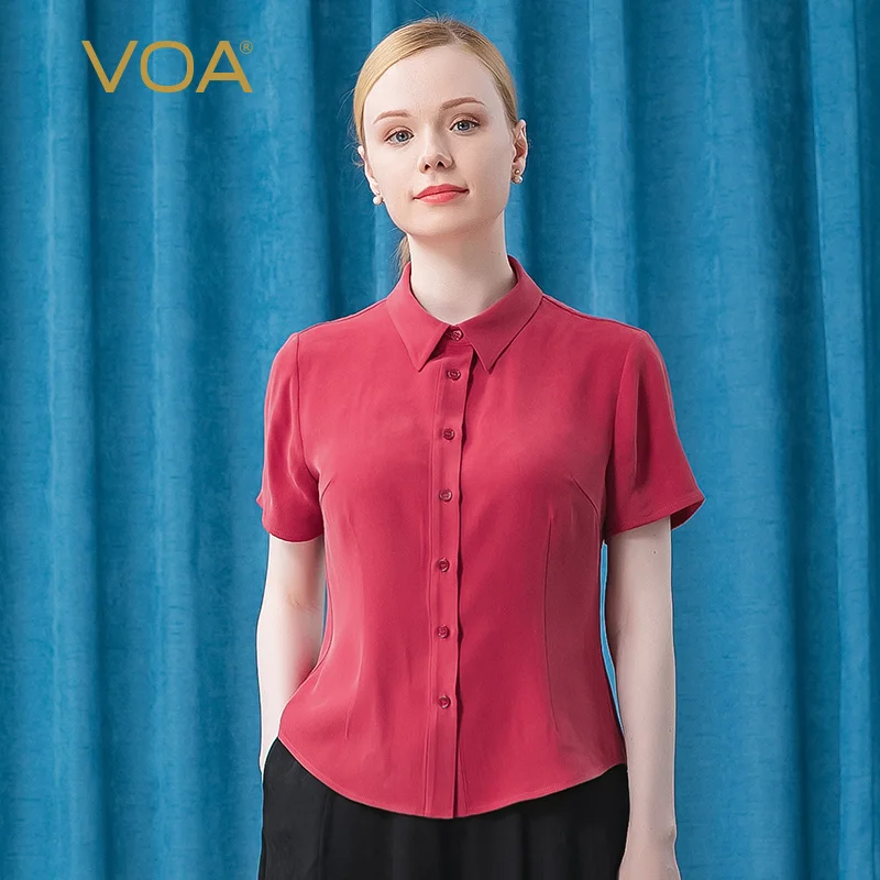 Bestellen VOA 30 Mt/mt Silk Shirts Helle Orange Revers Kurzarm Tops BT69 Einreiher Gerade Neck Knackig Alte Klassische Hemd Für Frauen