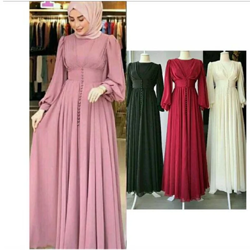 

Muslim Hijab Dress 2022 Women Solid Button Chiffon Eid Mubarak Party Evening Long Dress Arabic Turkish Islamic Clothing