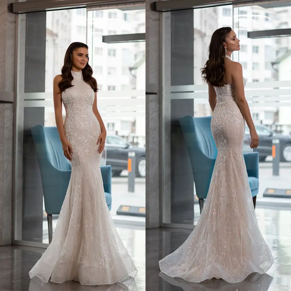 Купи 2020 New Wedding Dresses Halter Neck Lace Appliques Sequins Bridal Gowns Custom Made Backless Sweep Train Mermaid Wedding Dress за 10,709 рублей в магазине AliExpress