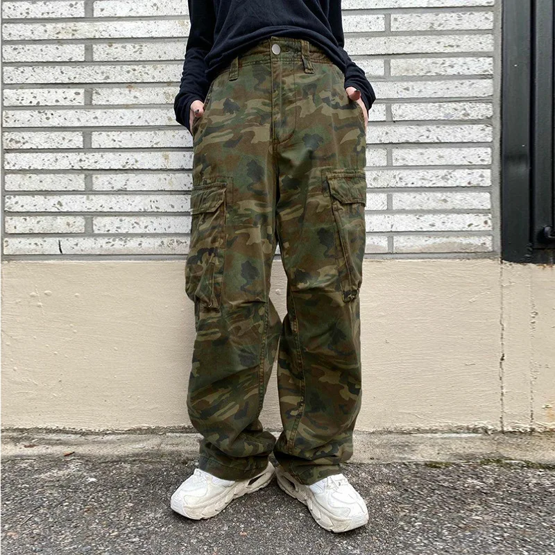 

Женские прямые брюки, модные свободные брюки с камуфляжным принтом, облегающие повседневные женские брюки-карго в уличном стиле с карманам...