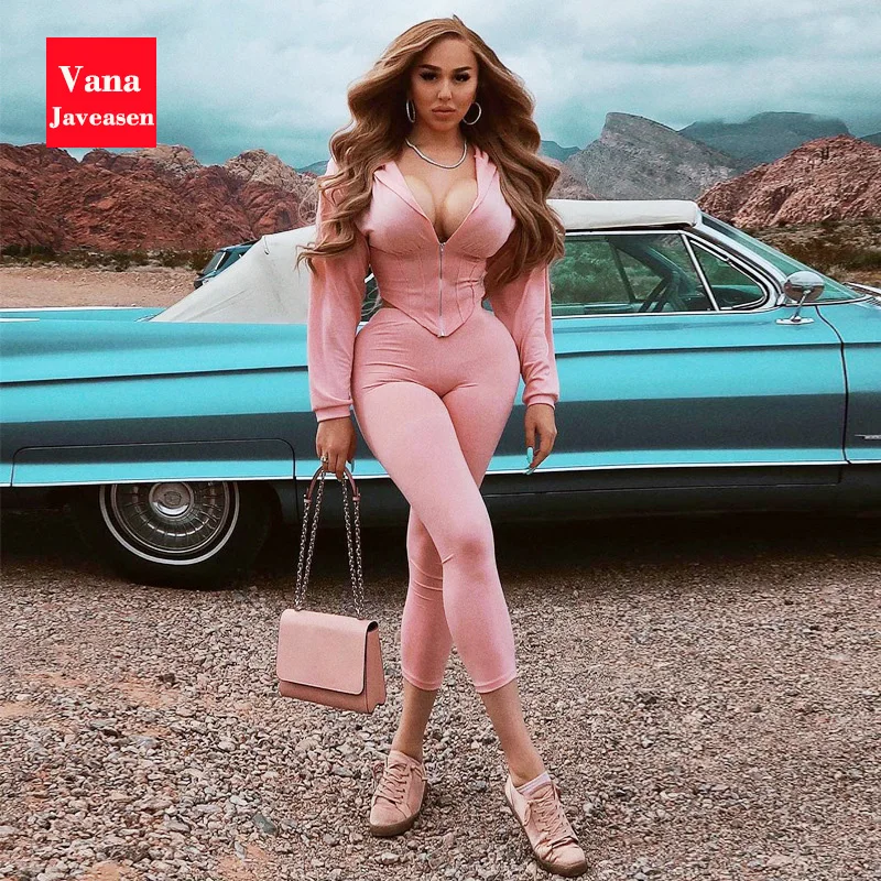 

Sexy Hooded V-neck Crop Tops Women Two-piece Long-sleeved Zipper Slim Sweatshirt Coat Tops Solid Color High-waist Skinny Pants