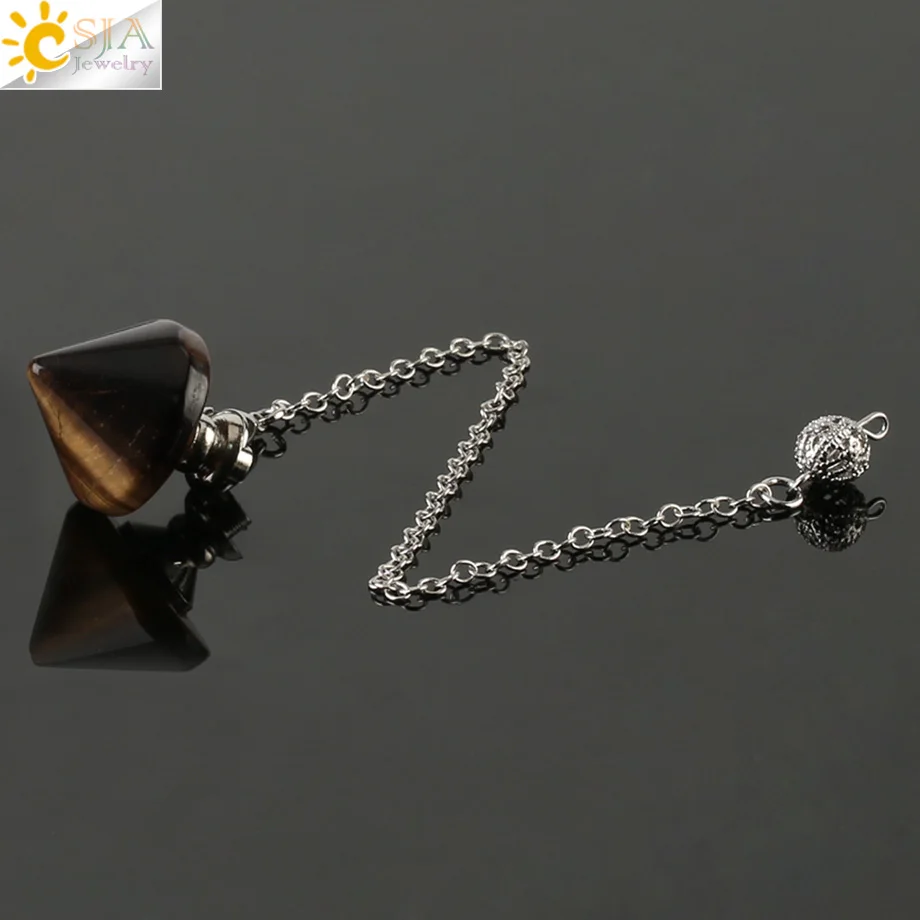 Tiger Eye CSJA Новое поступление конусовидный маятник пуля рейки натуральный камень розовый фиолетовый кристалл Кварц Маятники для гадания дюбинг G187 - Окраска металла: Tiger Eye