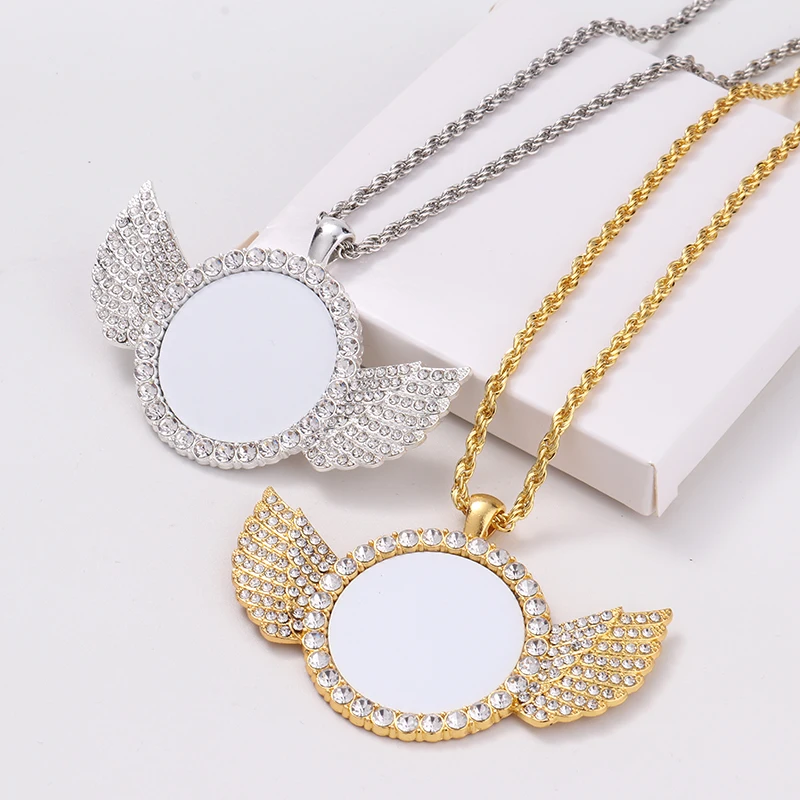 

New Arrived Golden Wings Design Fashion Bright Diamond Pendant Necklace Jewelry Sublimation Necklaces 10pcs/lot For party A0082