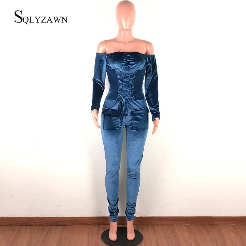 Винтажный бархатный Облегающий комбинезон со шнуровкой и воротником-лодочкой