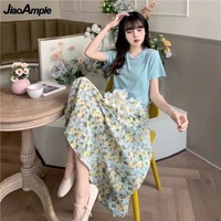 womens summer clothing two piece set girls sweet print t shirt skirts outfit lady fashion bohemian beach travel dress suit 2021
