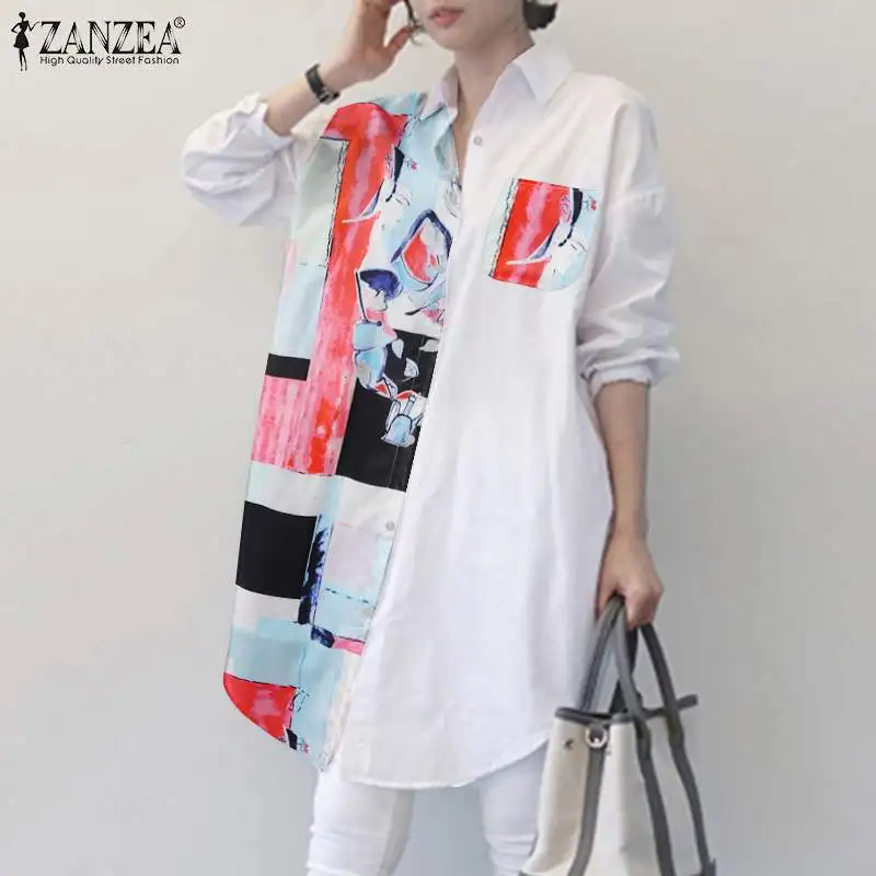 

ZANZEA Women Fashion Patchwork Blouse Shirts Casual Solid Printed Oversized Blusa Femininas 2021 Spring Autumn Long Sleeve Tops