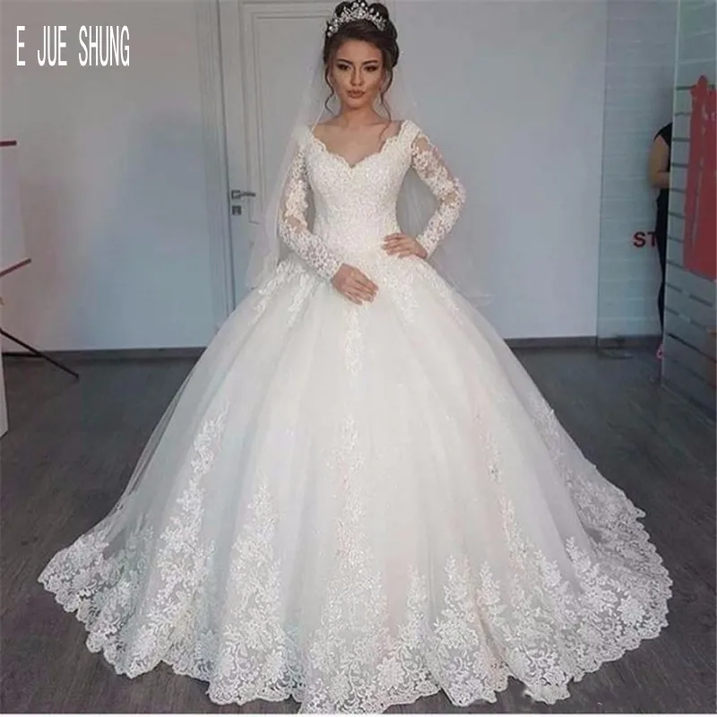 

E JUE SHUNG Gorgeous Ball Gown Wedding Dresses Turkey V Neck Long Sleeves Lace Appliques Wedding Gowns Lace Up robe de mariage