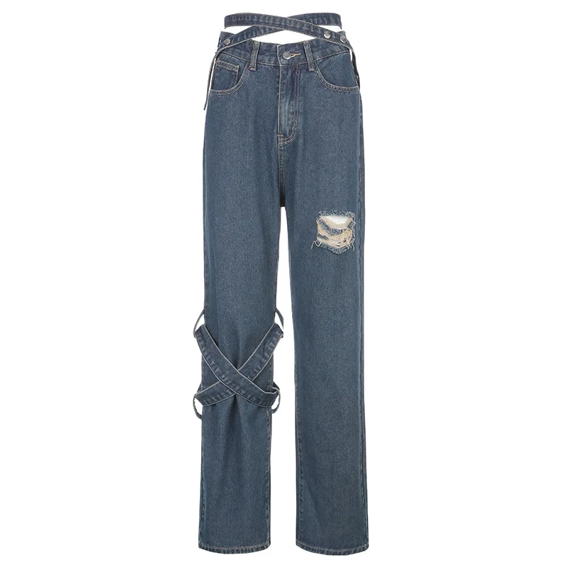 

Jane Deiune 2021 Spring Women Casual INS Fashion Hole Jeans Lady Loose Straight Demin Pants Cool Style Trousers
