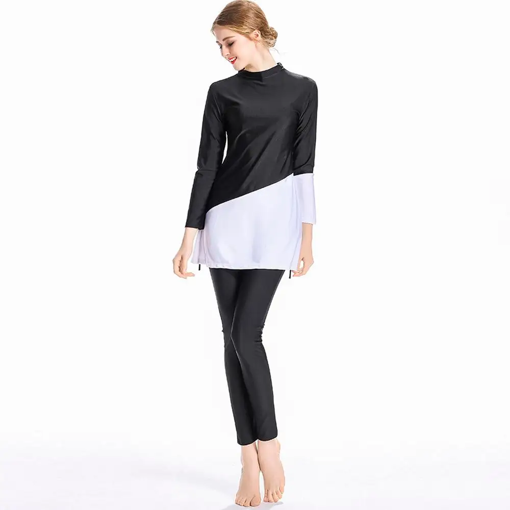 

Modesty Women Islamic Long Sleeve Swimwear Muslim Swimsuit Burkini Full Cover Beachwear Clothes 2pcs Bathing Suit Patchwork Arab