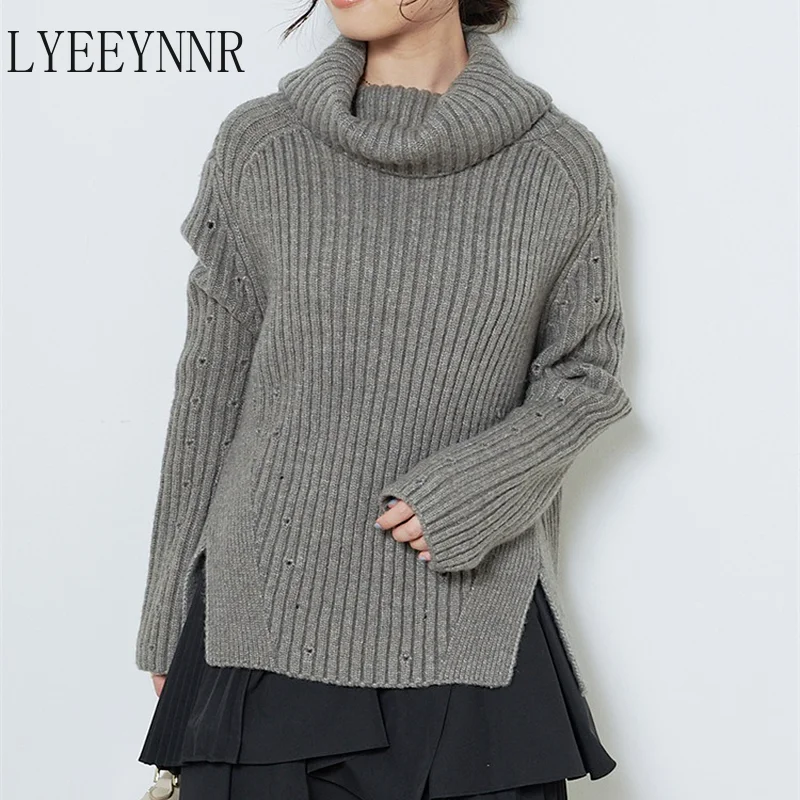 

LYEEYNNR 2021 Autumn New Turtleneck Sweater Women Side Split Long Sleeve Casual Pullover Solid Color Loose Japanese Pull Femme