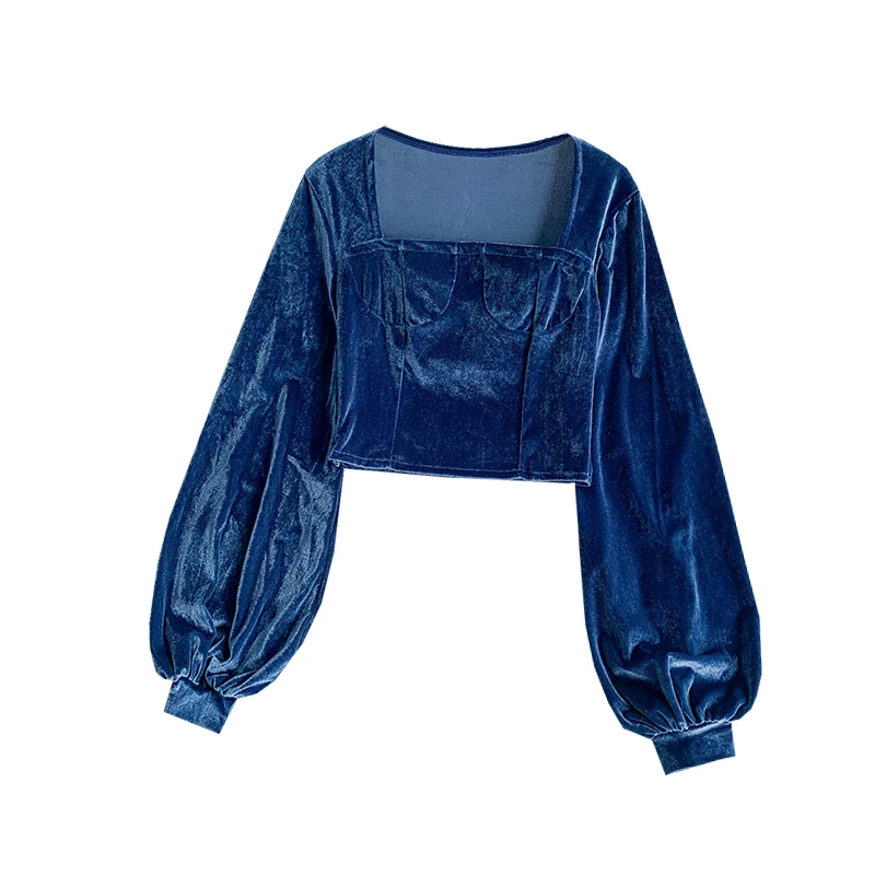 Новый укороченный топ Женская бархатная футболка с квадратным воротником и