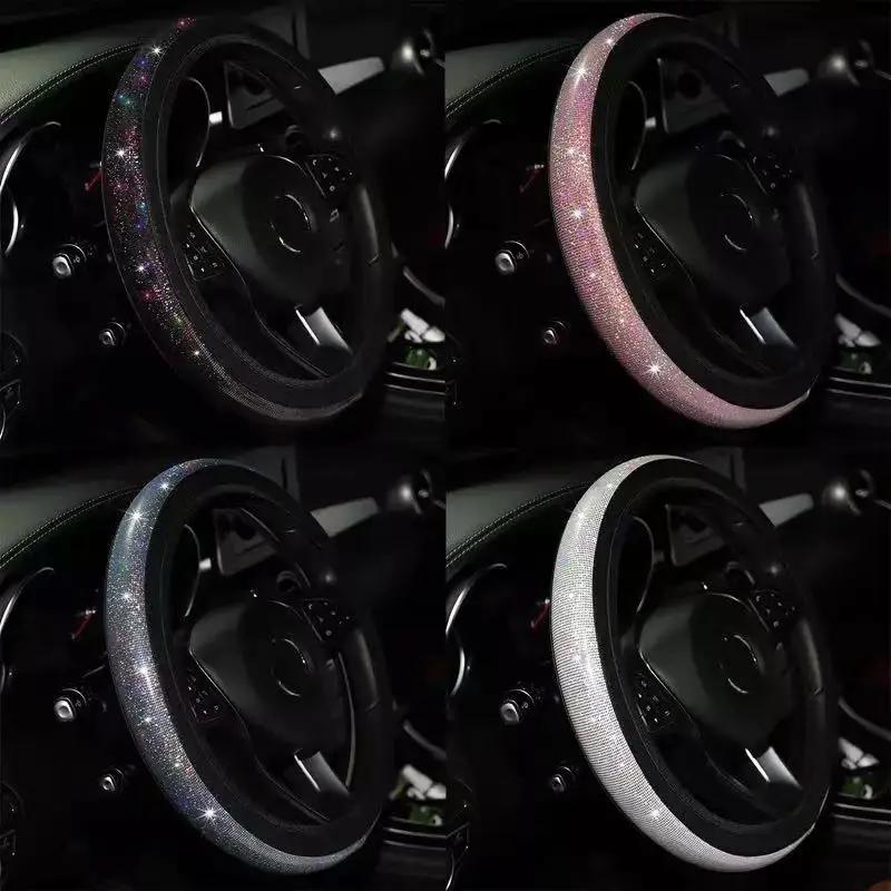 

38CM/15-Inch Braiding Cover for Steering Wheel PU Leather Bling Colorful flash Women Car Covered Steering-Wheel Accessories
