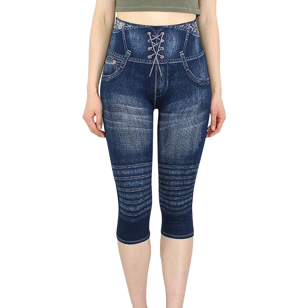 Женские леггинсы с имитацией джинсы принтом высокой талией эластичные до