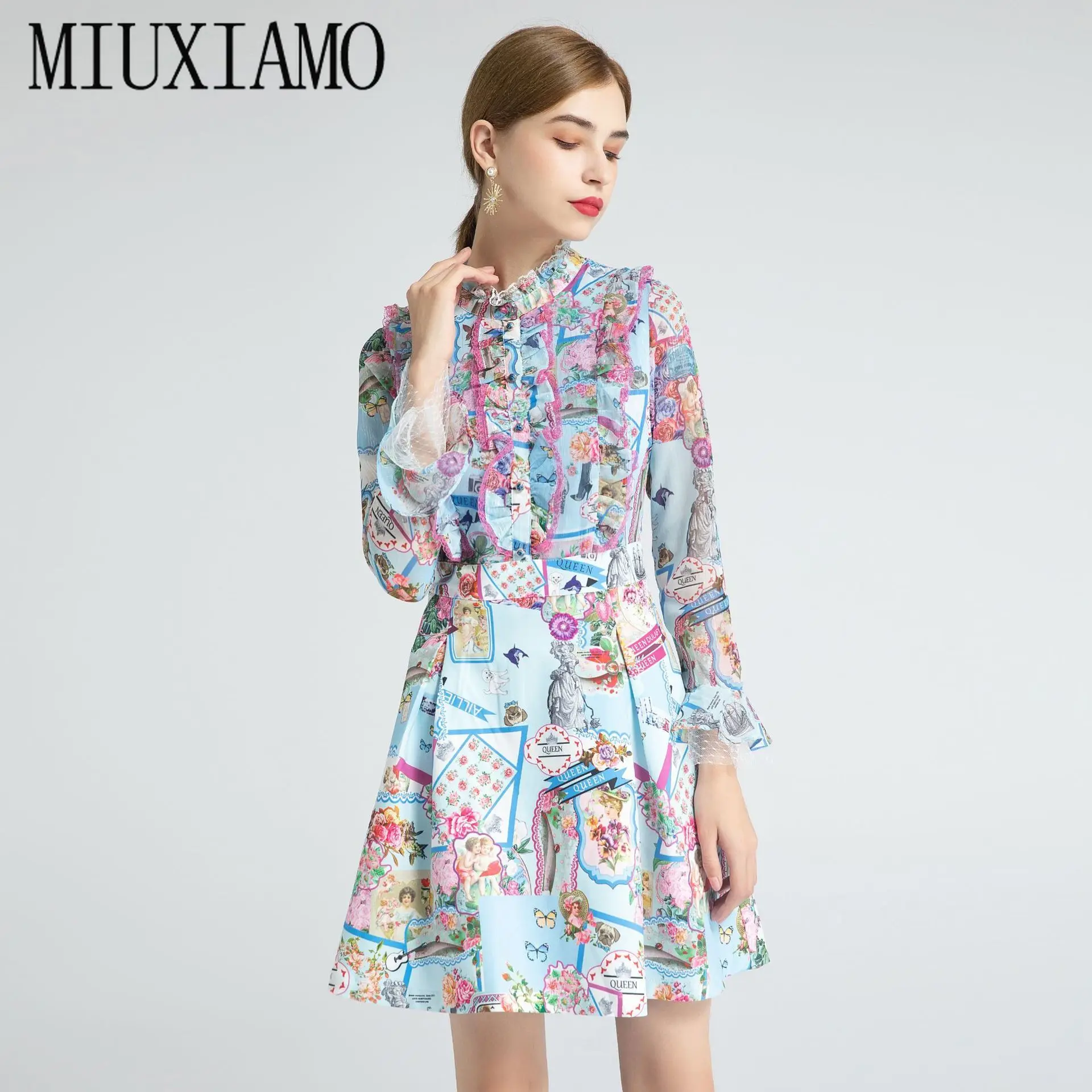 

MIUXIMAO 2021 весна-лето бабочка цветочный принт кружева оборки длинный рукав праздник тонкое элегантное платье миди женские платья