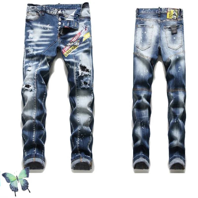 

DSQ Washed Blue High Quality Ripped Home Hip Hop Men Denim Pant Dsquared2 Jeans