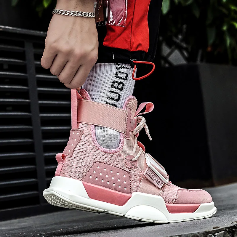 Женские кроссовки унисекс розовые высокие на платформе повседневная обувь