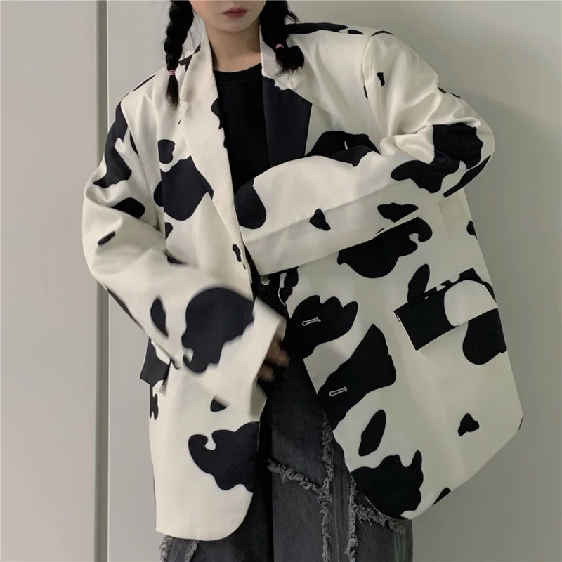 

Autumn New Cow Suit Jacket Women Fall Loose Casual Mid-length Hit Color Female Suits Coat Oversize Streetwear Blazers 2020