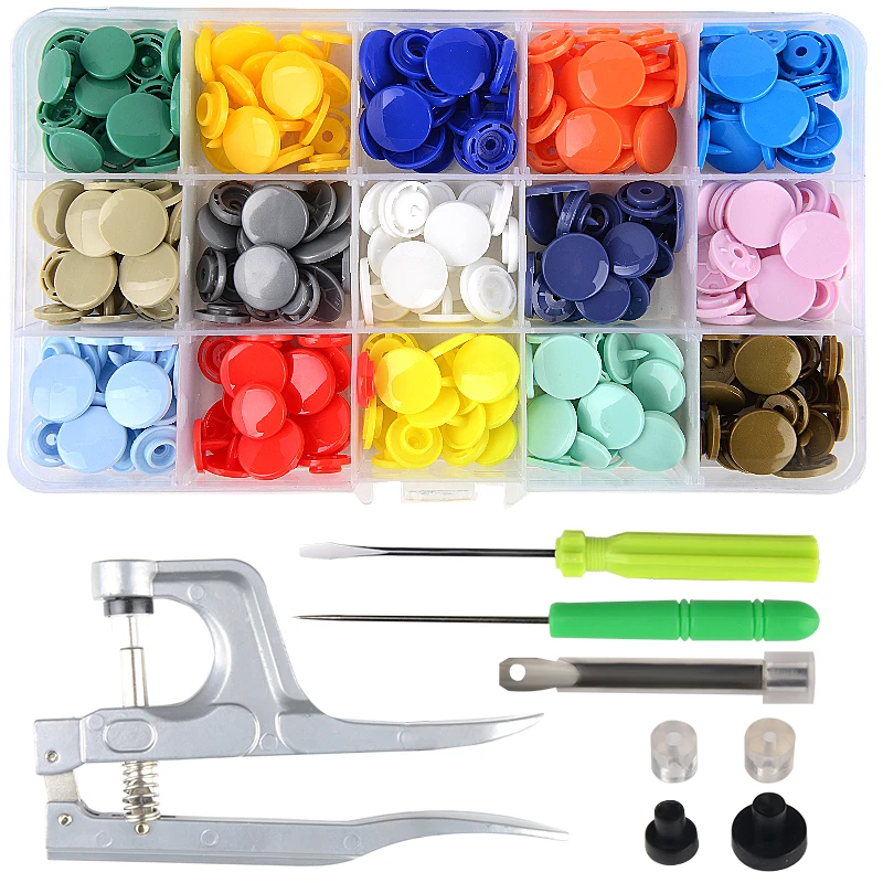 

Mixed 15 Colors KAM Branded T8 75 Sets Luster Glossy Snap Snap Buttons Fastners installed With pliers