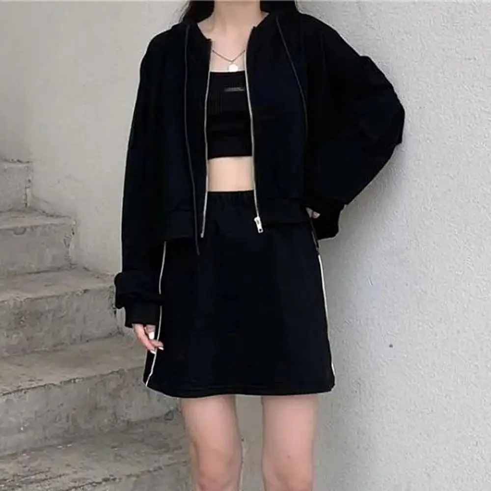 High Quality Simple Women Autumn Solid Color Long Sleeve Zipper Pocket Coat Short Hoodie Crop Top for Female