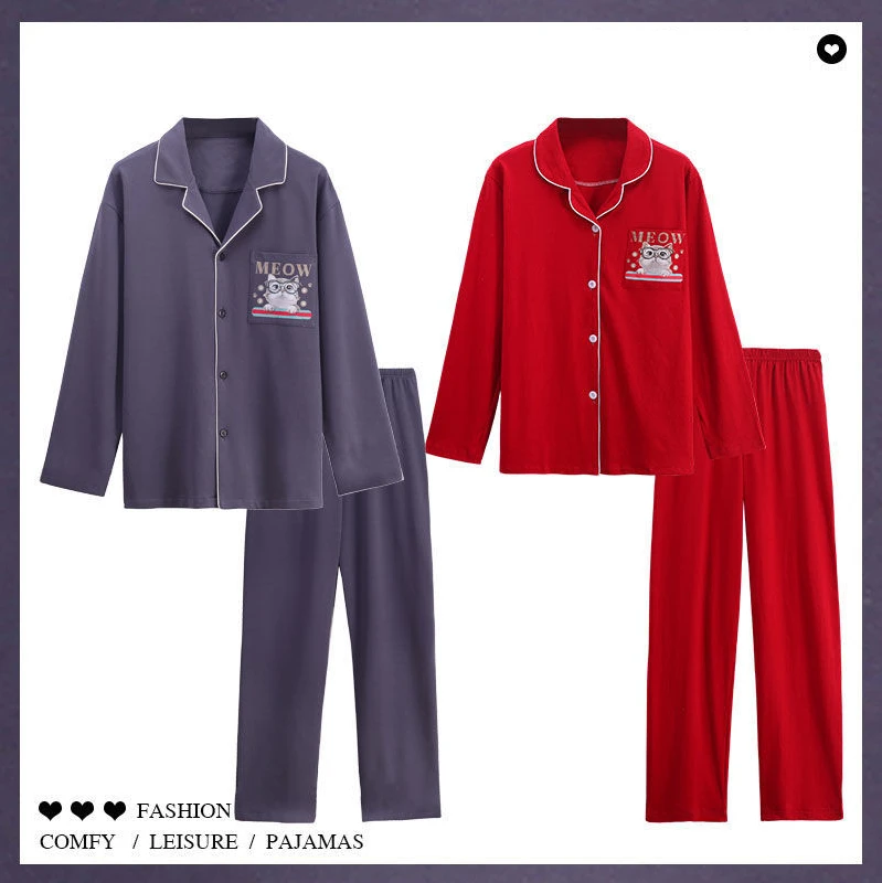 Pajamas Spring and Autumn Cotton Men Loose Large Yards Lapel Long-sleeved  Women Pajamas Sweet Cotton Home Wear Couple Pajamas