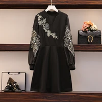 ehqaxin women french retro embroidery elegant dress autumn 2021 fashion v neck lantern long sleeve beading dress black