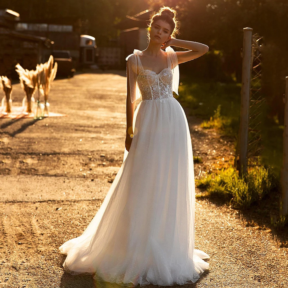 

Elegant Lvory A-Line Dots Net Boho Wedding Dress Sequined Appliques Lace Bridal Gowns 2021 Vestido De Noiva