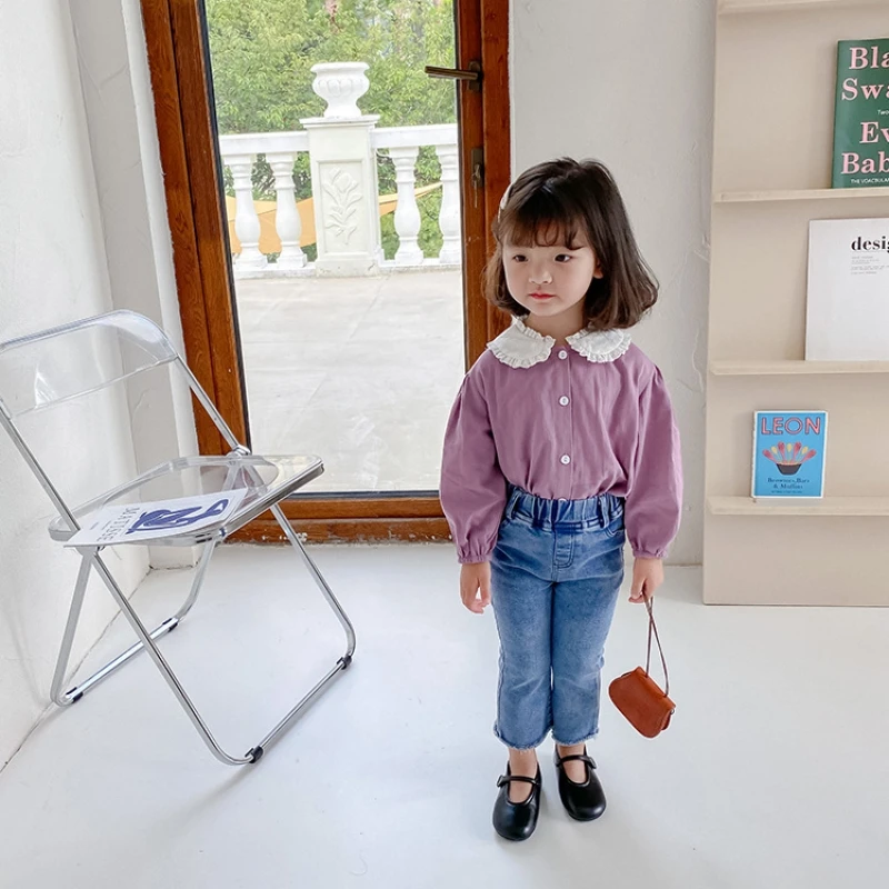 

Bobora New Girls Sweet Long-Sleeved Shirt Fashion Cotton Turn-Down Collar Chiffon Shirt Children Solid Color Lace Purple Shirts