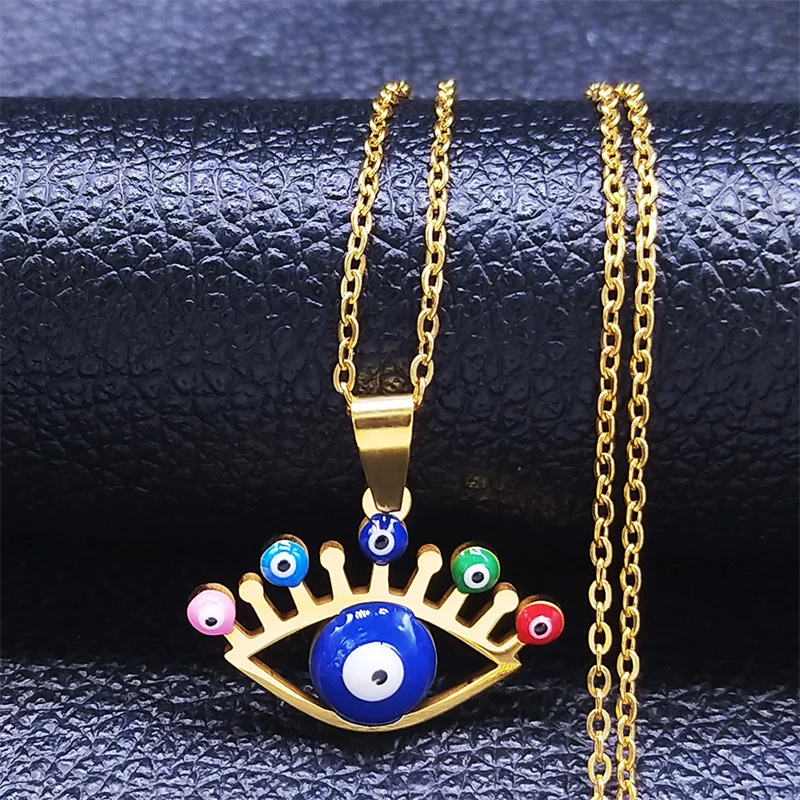 

Stainless Steel Muslim Colorful Turkey Eye Chain Necklaces Gold Color Small Necklaces jewlery cadenas de acero inoxidab N5214S04