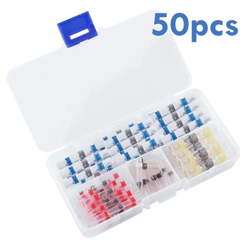 

50pcs/box Solder Seal Wire Connectors Heat Shrink Solder Butt Solder Connector Kit with Case Fit For Automotive Marine Insulated