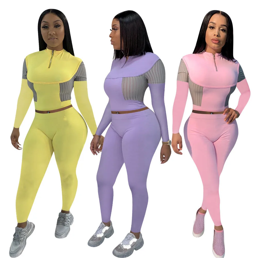 

Womens Joggers Sweatpants Sets Casual Patchwork O-Neck Long Sleeve Crop Tops+Skinny PantsTwo Piece Set Women Tracksuit Conjuntos