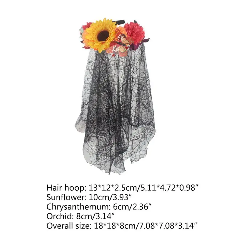 

Hair Hoop Day of The Dead Headpiece Sunflower Butterfly Spiderweb Veil Halloween Headband