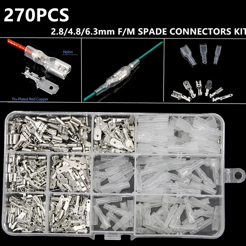 

270Pcs 2.8/4.8/6.3mm Insulated Male Female Wire Connector Electrical Wire Crimp Terminals Spade Connectors Assorted Kit
