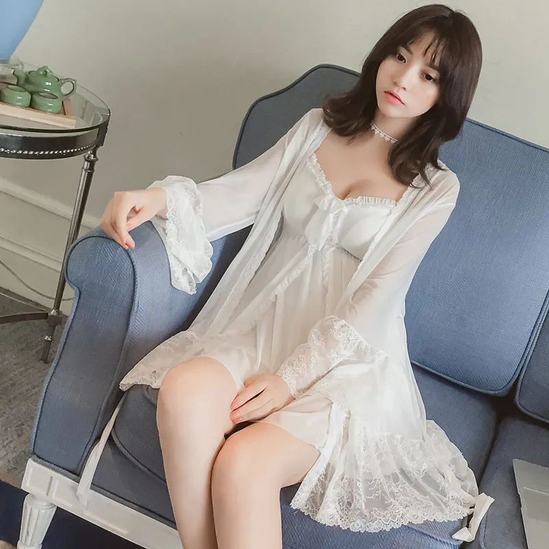 

Пикантные кружевные короткие халаты, Женская весенне-летняя одежда для сна для женщин, тонкий мини-халат для женщин, комплект из двух предме...