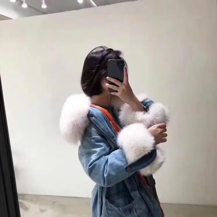 Winter Fox Fur Collar Denim Jacket Women Thick Coat Jean Loose Duck Down 2 Piece Set | Женская одежда