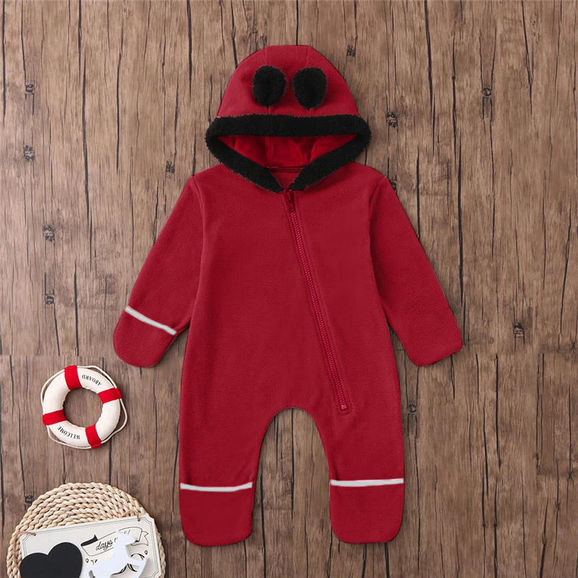 Newborns Hooded Footies Infant Boys Girls Cartoon Ears Solid Winter Warm Soft Long Sleeve Zipper Jumpsuit Baby Clothes 0-24M A20 | Детская