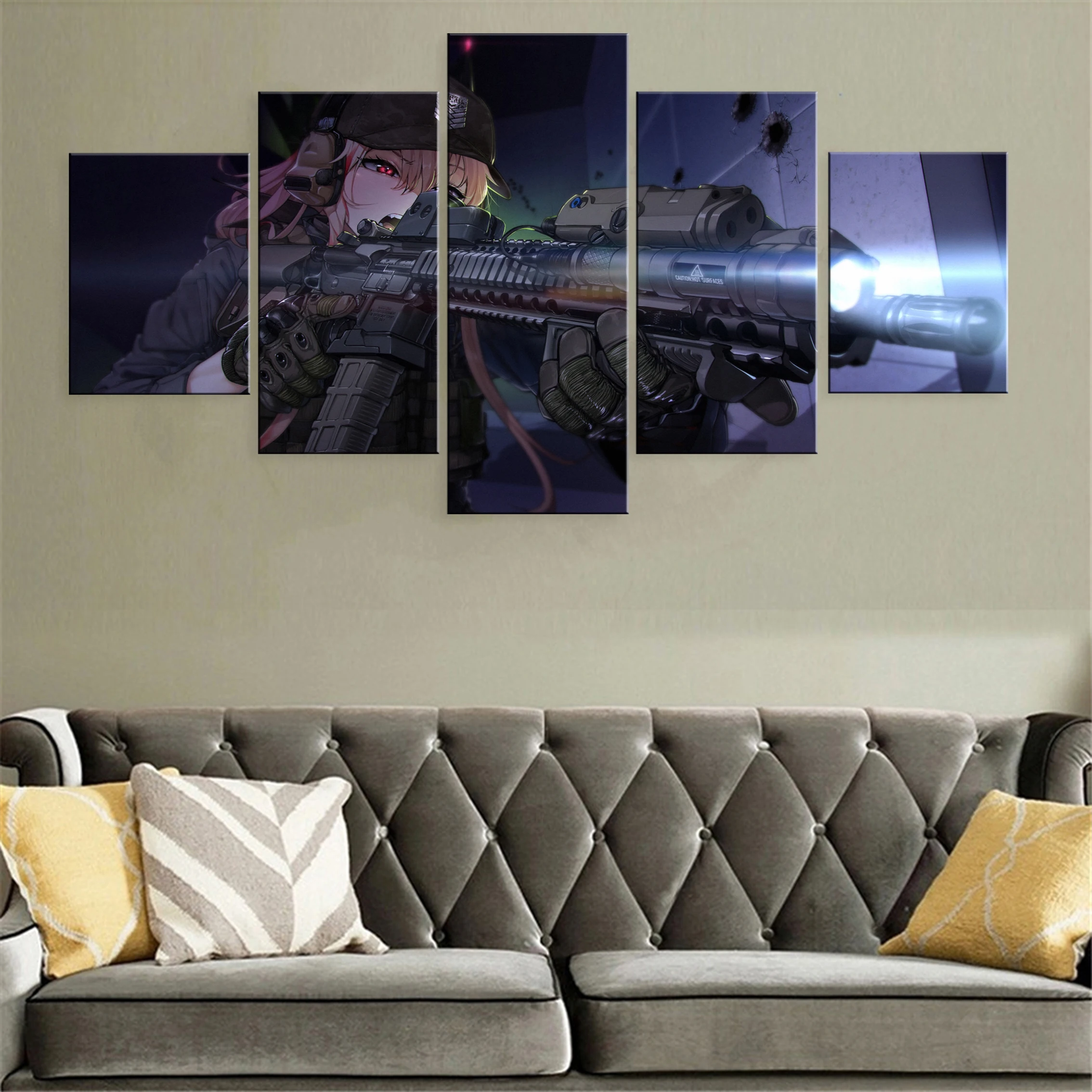 

Anime Girl With A Gun 5 Piece Canvas Painting Poster Beauty Wall Artwork Decor Modern Modular Decoration For Home Printed