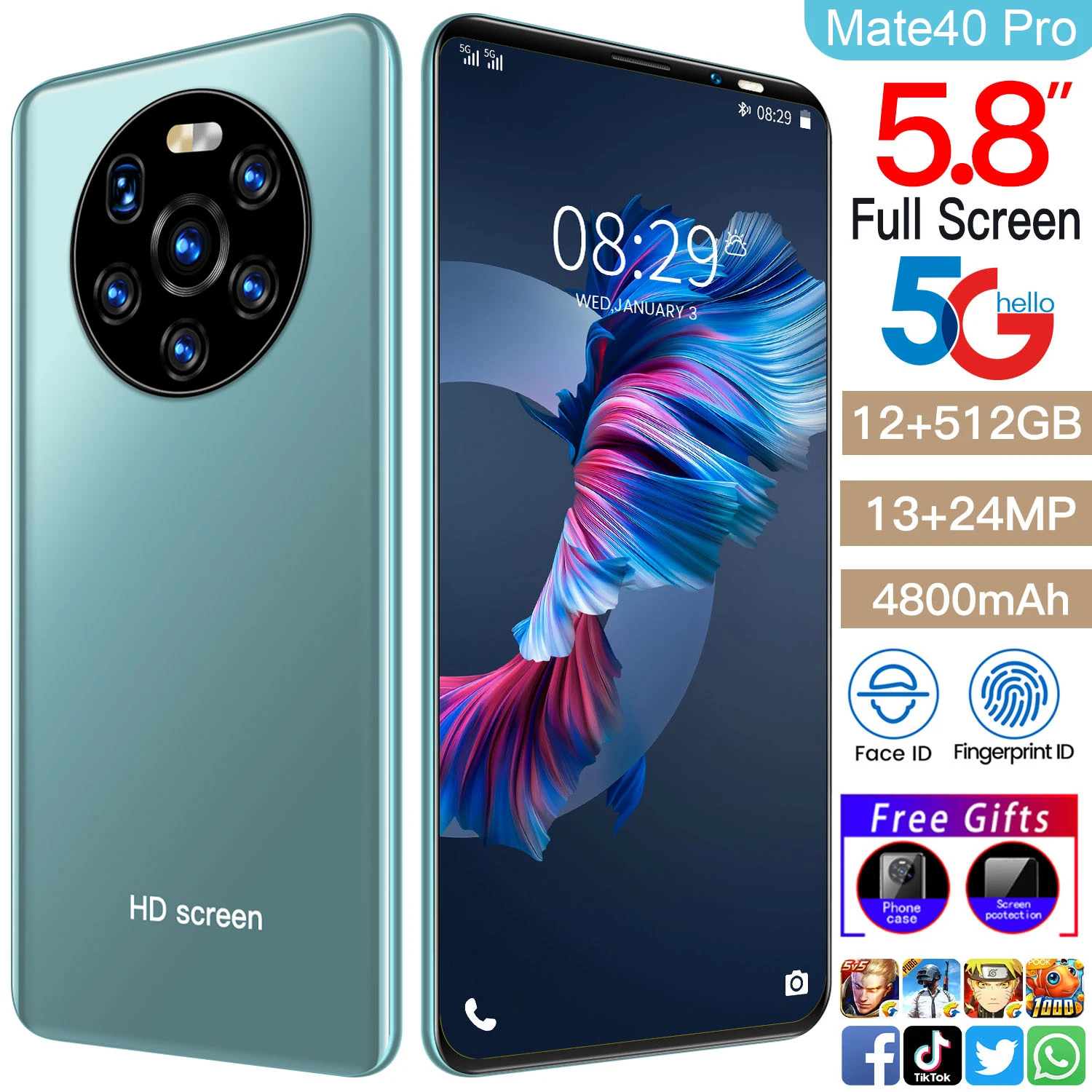 

World Premiere Mate40 pro Smartphone 5.8 Inch 16+512GB Android10 HD Screen 4G 5G Cellphone Face ID 6800mAh Dual SIM Mobile Phone