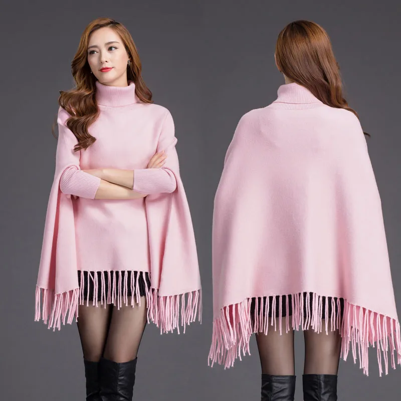 Женская накидка с рукавами летучая мышь однотонная кисточками на подоле Вязаное