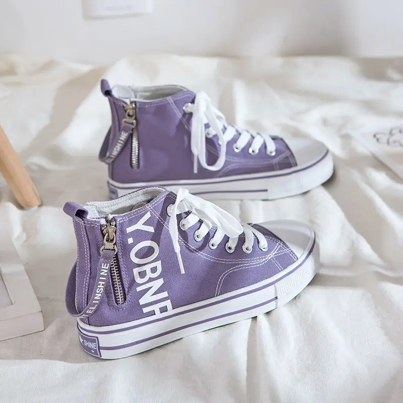 Korean Fashion High-top Women Canvas Shoes Purple Side Zipper Flat Casual Student Ulzzang Harajuku Sneakers Vulcanized | Обувь