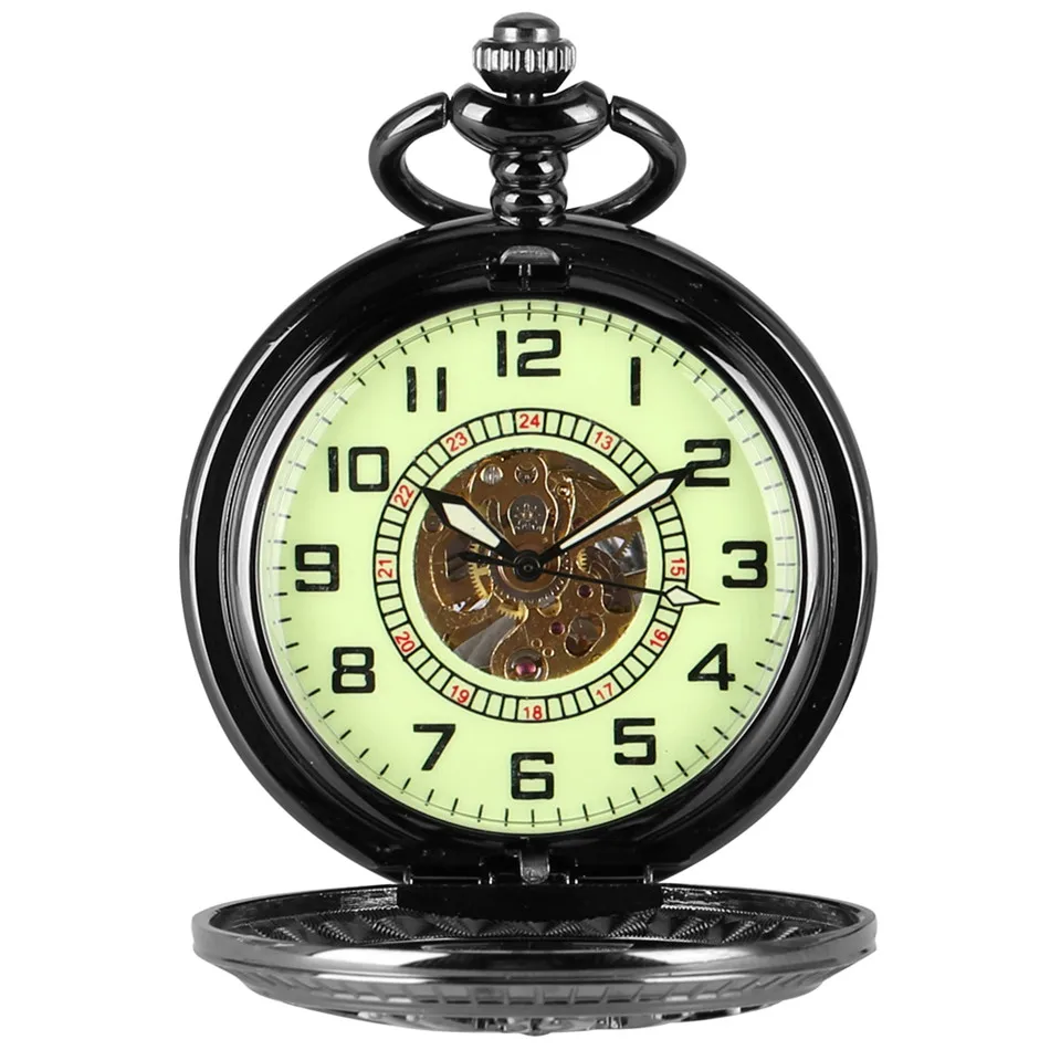 Self Winding Mechanical Pocket Watch Black/ Green Arabic Numerals Dial Automatic Clock Steampunk Pendant Gift | Наручные часы