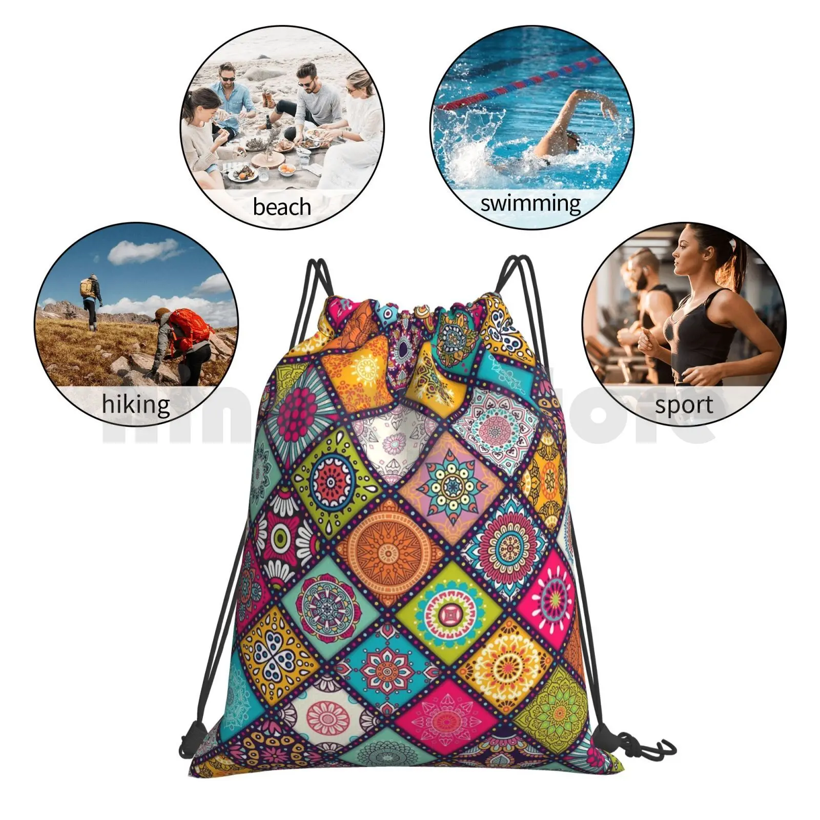 

Mandala Hippie Bohemian Boho Ethnic Pattern Novelty Print Backpack Drawstring Bags Gym Bag Waterproof Mandalas Mandala