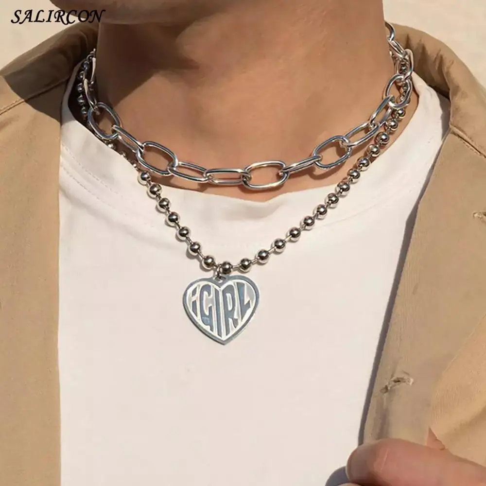 

Salircon Goth IGIRL Love Heart Pendant Choker Necklace for Women Men Aesthetic Y2K Link Chain Necklace Vintage Jewelry Gift 2021