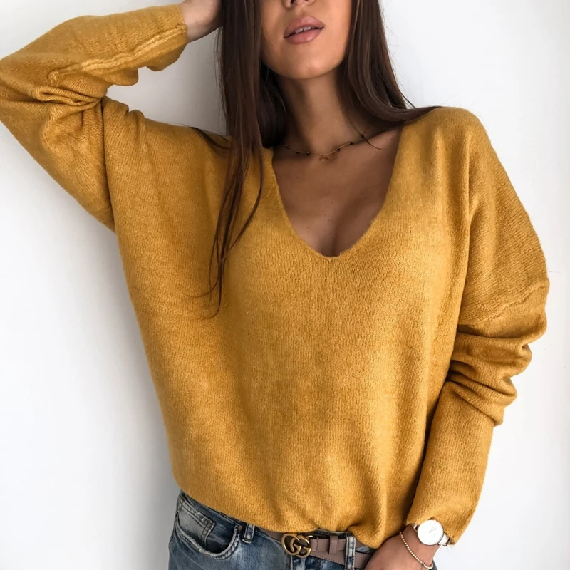 ELSVIOS 3XL Sexy Hollow Out V-neck Knitted Sweater Women Autumn Long Sleeve Candy Basic Tops Loose Ladies Sweaters and Pullovers | Женская