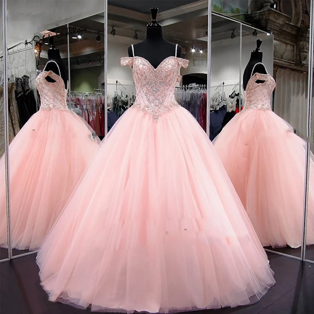 Vestidos De 15 Graduación халаты розовые кристаллы бисером Бальные платья 2021