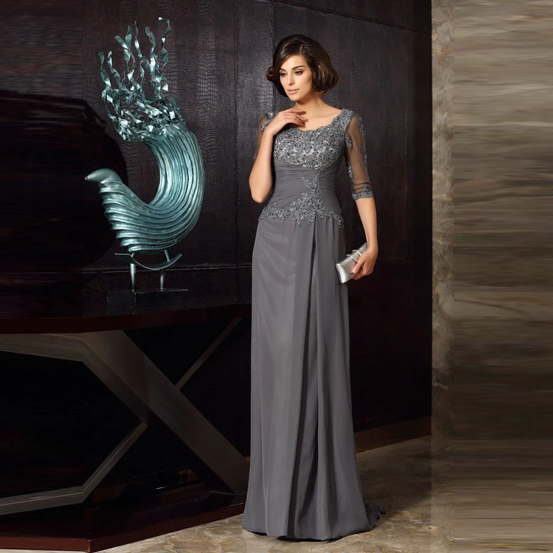 

Modern Elegant Gray Lace Applique Mother of the Bride Dresses Jewel Neck Beaded With Half Sleeves Wedding Guest Dress Back Out