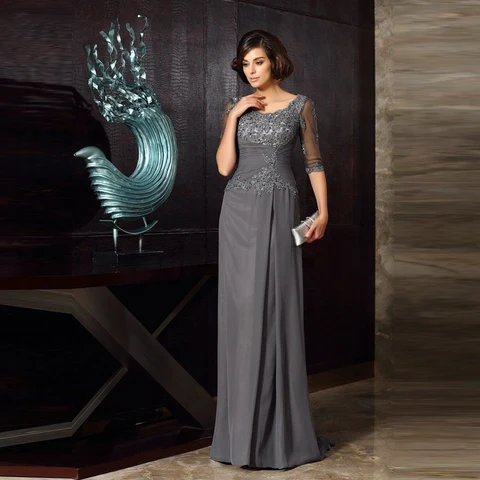 New Elegant Gray Lace Mother of the Bride Dresses Jewel Neck Beaded With Half Sleeves Wedding Guest Dress Applique Back Out