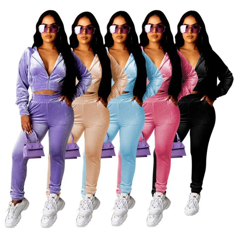 

Velvet Tracksuit Women Two Piece Set Autumn Clothes Hoodie Long Sleeve Crop Top and Pants Female Velor Outfits Conjunto Feminino