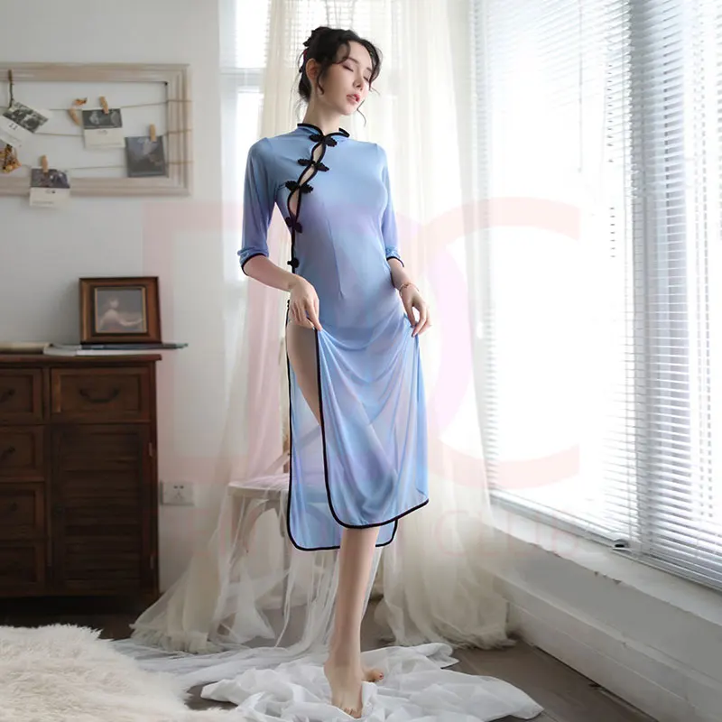 Прозрачный Qipao пикантные длинные Соблазнительные костюмы для косплея Chengsam