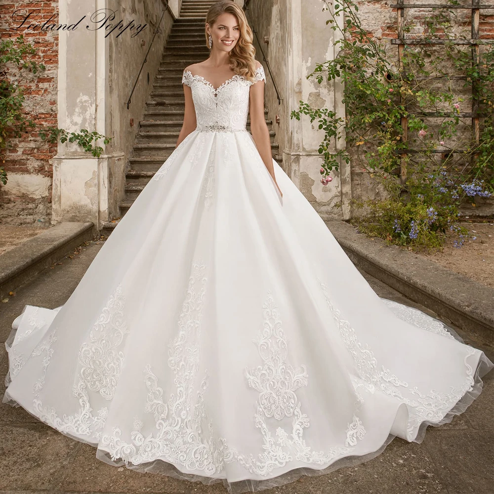 

Lceland Poppy A-line Lace Appliques Wedding Dresses 2021 Scoop Neck Floor Length Beade Appliques Bridal Gowns Vestido de Noiva