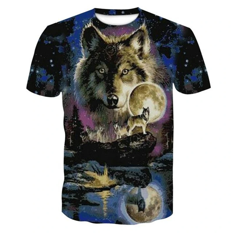 

Summer T shirt Men Streetwear Round Neck Short Sleeve Tees Tops Funny Animal Male Clothes Casual Wolf 3D Print Tshirt